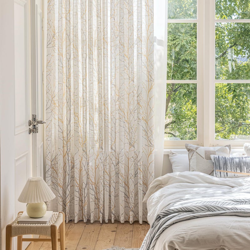 FMFUNCTEX Linen Semi Sheer Curtains for Bedroom, Yellow White Curtains 63 Inches Long for Living Room, Grey Tree Branch Print Curtain Light Filtering Farmhouse Window Drapes, Grommet Top 2 Panels - Image 5